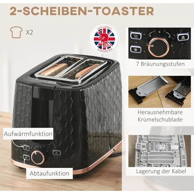 HOMCOM Toaster-Set mit Wasserkocher, 1,7L und sieben Bräunungsstufen, Schwarz – Bild 4