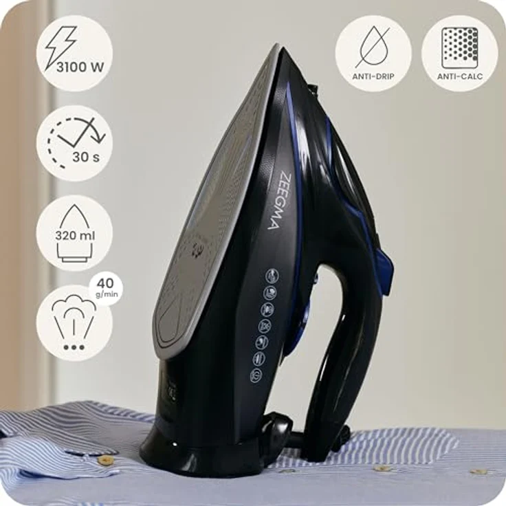 ZEEGMA EISIG BASE, Bügeleisen 3100 W mit Keramikbeschichtung, Dampf- und Trockenbügeln, 40 g/Min. Dampfleistung, 320 ml Wassertank, selbstreinigend, Anti-Drip und Anti-Calc – Bild 3