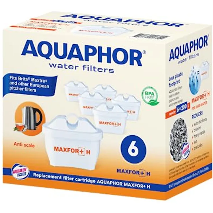 AQUAPHOR MAXPHOR+ MAXPHOR+ H Filterkartuschefür extra hartes Wasser Ersatzfilter Wasserfilter 6er Pack mit EXTRA KALKSCHUTZ AQUALEN für Tischwasserfilter