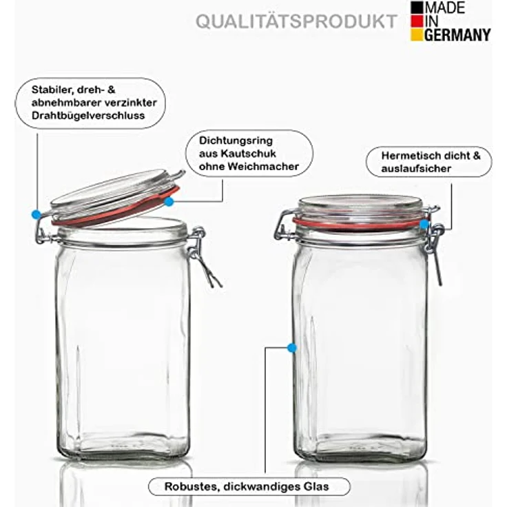 BigDean Einmachglas 12er Set, Vorratsgläser 1,5L mit Deckel & Bügelverschluss, transparent, Made in Germany – Bild 2