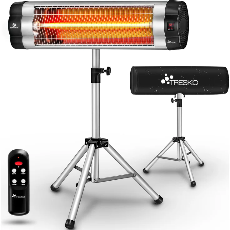 TRESKO Heizstrahler Infrarot 2500W mit Fernbedienung & Abdeckung | 3 Heizstufen | höhenverstellbar | elektrisch, silber