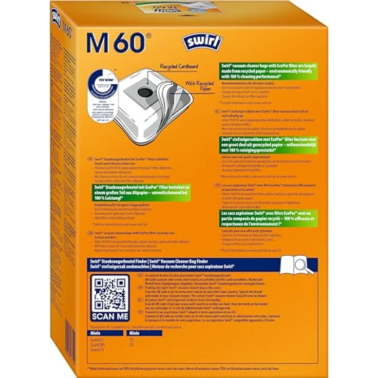 Swirl M 60 EcoPor Staubsaugerbeutel (4 Beutel), reißfeste Filterbeutel für Miele & Hoover Staubsauger, 99,9% Hausstaub- und allergener Feinstaubfilterung – Bild 2