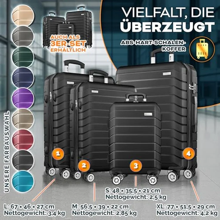 tillvex® Reisekoffer Set 4-TLG. Hartschalenkoffer S-M-L-XL mit 4 Rollen, TSA Schloss, Gepäckwaage, 8 Koffergurte & 4 Kofferanhänger (Schwarz) – Bild 5