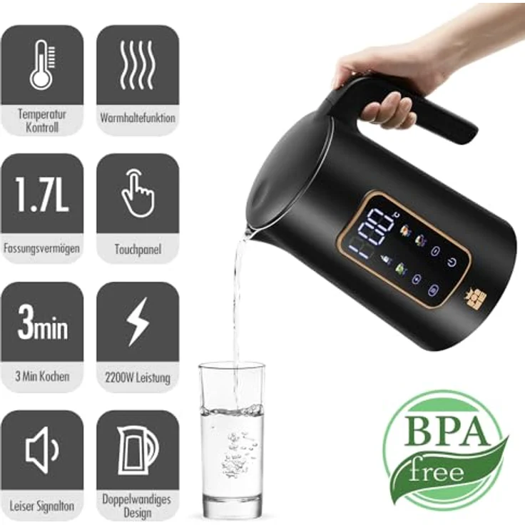 ForMe Edelstahl Wasserkocher 1,7 L, digitale Temperatureinstellung 40-100°C mit Warmhaltefunktion und LED-Anzeige, BPA-frei – Bild 4