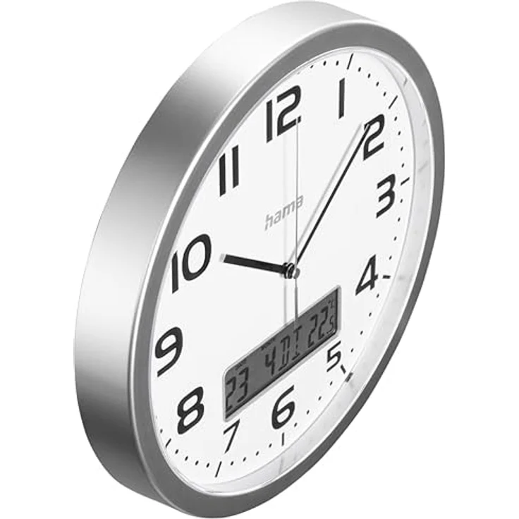 Hama Wanduhr Moorea (DCF Funkuhr, digitale Anzeige von Datum & Temperatur, Zeitzone einstellbar, Ø 30cm, 7 Sprachen, inkl. Batterie) Silber – Bild 3