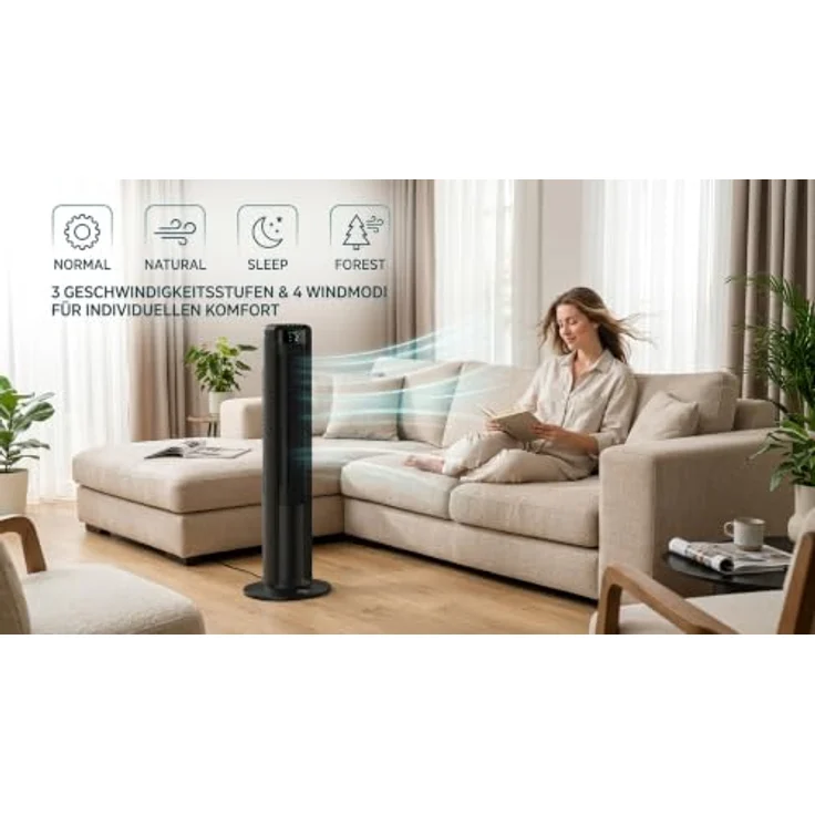 Fakir TV 18 PLUS Turmventilator mit 40W Motor, 60° Oszillation, Display, Fernbedienung & Tragegriff, leise – Bild 4