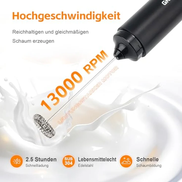 GRIFEMA Milchaufschäumer Elektrisch USB Aufladbar, Edelstahl Hand Milchschäumer mit Ein-Knopf-Bedienung und 500mAh Akku – Bild 2