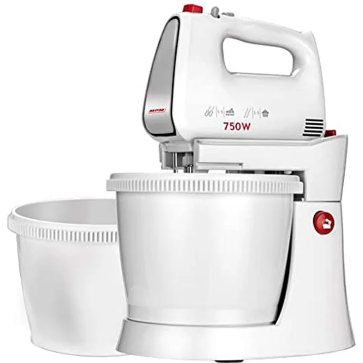 MPM MMR-22Z Teigknetmaschine mit 2 Rotierender Schüssel aus 3 L, BPA frei, Knetmaschine Küchenmaschine, 5 Geschwindigkeiten + Turbo, Stangen und Knethaken Edelstahl, Weiß, 750W