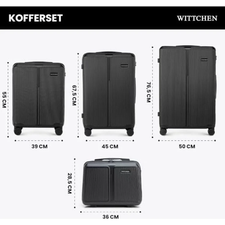 WITTCHEN Stripes Line Kofferset, Hartschalenkoffer mit Kosmetiktasche, ABS, 4 Doppelrollen, Teleskopgriff, Zahlenschloss, Schwarz, Set S+M+L+XL – Bild 2