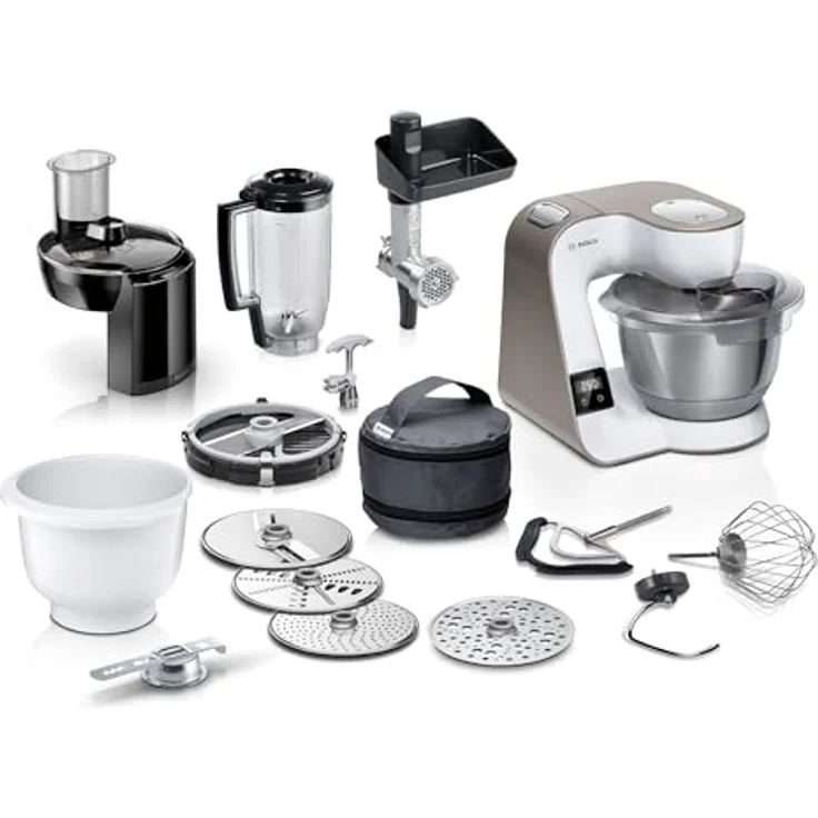 BOSCH Küchenmaschine Serie 4 MUM5XL74, 1000 W, integrierte Waage, 9,4 l Edelstahlschüssel, Mixer, Weiß, mit Fleischwolf und Würfelschneider – Bild 1