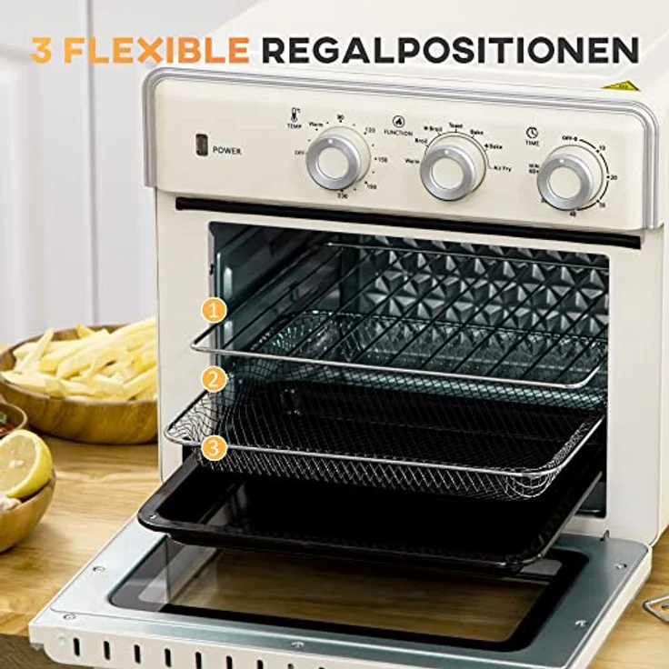 HOMCOM Minibackofen 20L, 5 in 1 Pizza-Ofen inkl. Backblech Set, Frittierkorb, Krümelblech, 1 Std. Timer, 90-230℃, 1400 W Elektrischer Mini Ofen mit Umluft, Cremeweiß – Bild 5