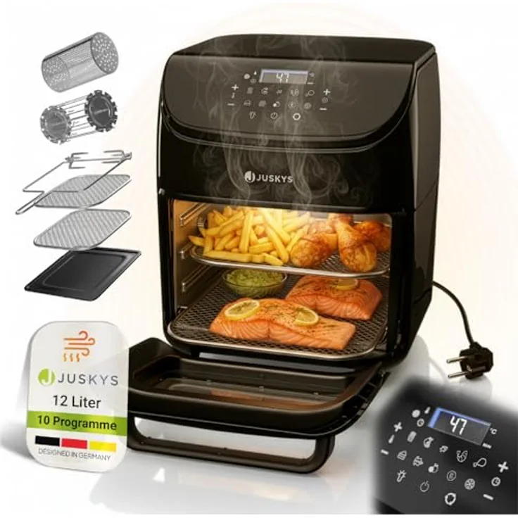 Juskys Heißluftfritteuse 12L, Airfryer mit LCD-Touch, 10 Programmen, Temperatur 25–200 °C, Schwarz, inkl. Zubehör