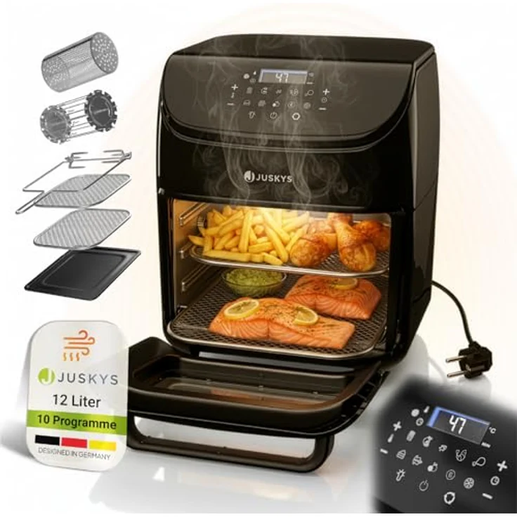 Juskys Heißluftfritteuse 12L, Airfryer mit LCD-Touch, 10 Programmen, Temperatur 25–200 °C, Schwarz, inkl. Zubehör – Bild 1