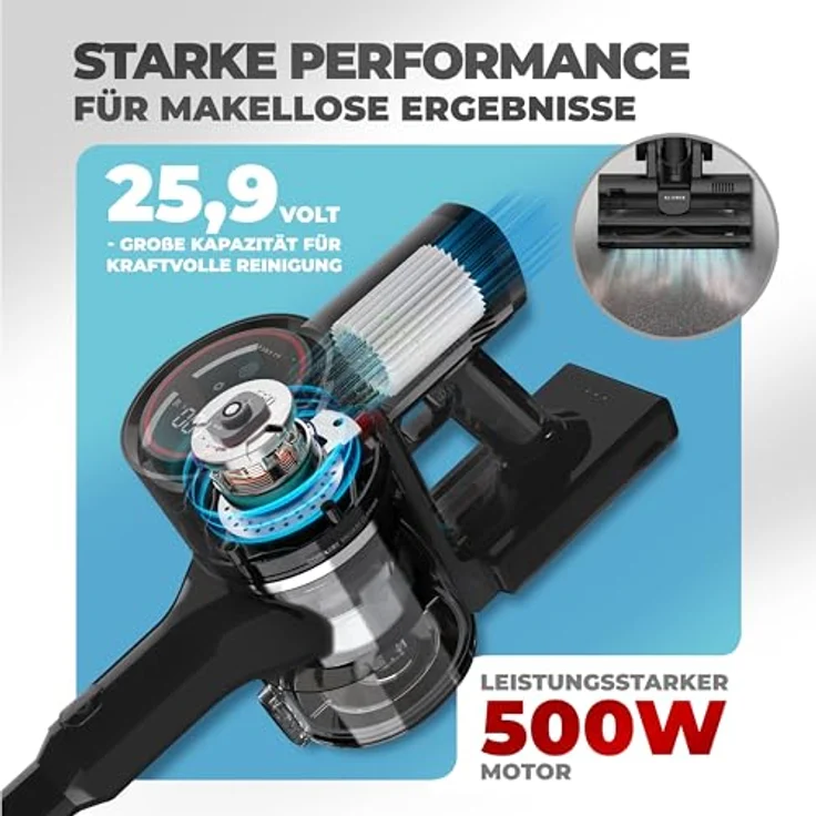 KLAMER Akku-Staubsauger, 500 Watt Kabelloser Staubsauger mit LED Licht, Flexibler Handstaubsauger, HEPA Filter, 25.9 Volt, Rot – Bild 3