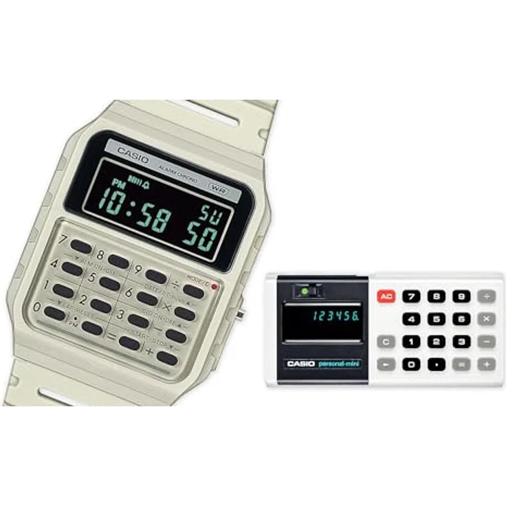 Casio CA-53WB-8BEF, Digitaluhr im Retro-Design mit Taschenrechner, Beige Kunststoffband und blauer Gehäusefarbe – Bild 5