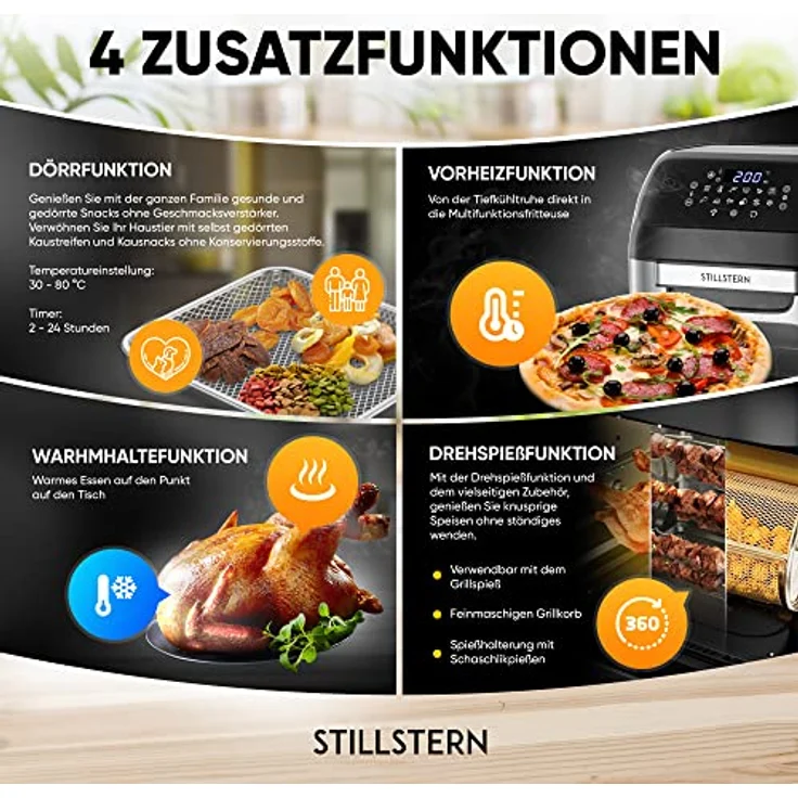 Stillstern Heißluftfritteuse 12L mit LED-Touchscreen, XXL Rezeptbuch auf Deutsch, 12 Programme, Vorheizen&Warmhalten, 1800W Heissluftfritteuse Air Fryer XXL ohne Öl Dörren Minibackofen Camping Grill – Bild 4