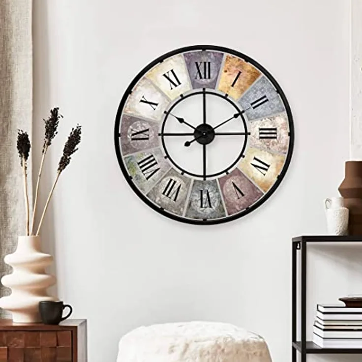 Große Vintage Wanduhr Wohnzimmer ohne Tickgeräusche Moderne XXL Wanduhren römische Ziffern Retro Deko (Metall Ø 50cm Durchmesser Antik Bunt)