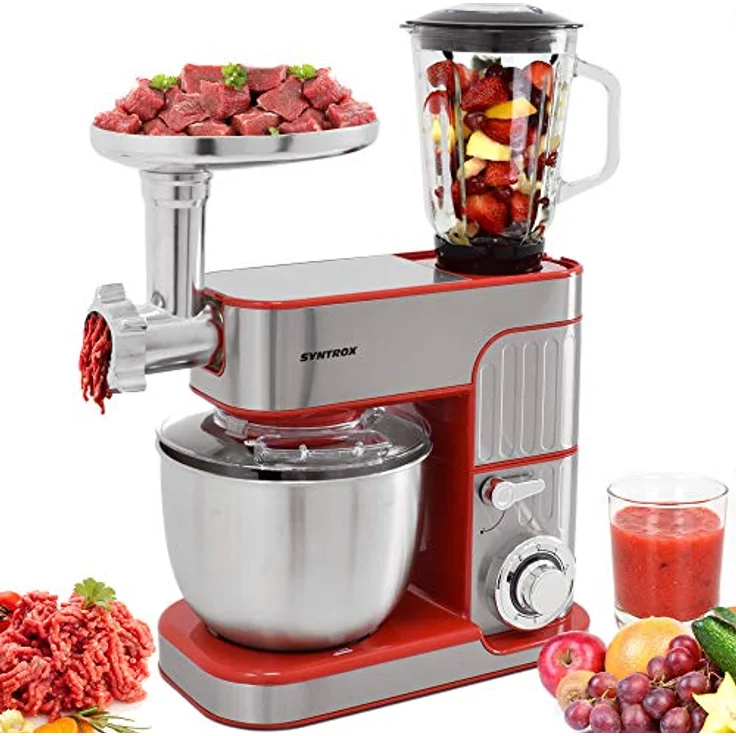 Syntrox Küchenmaschine de Luxe 5,5 L, Knetmaschine mit Fleischwolf, rot – Bild 2