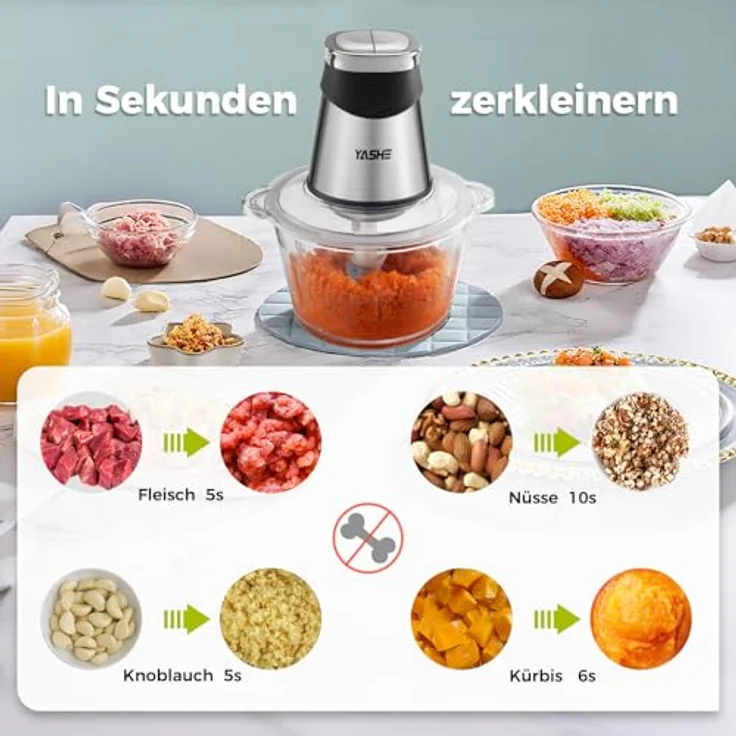 YASHE 1, 8L+2L Elektrischer Zerkleinerer mit Glas- und Edelstahlschüssel, 500W, Schwarz/Edelstahl – Bild 4
