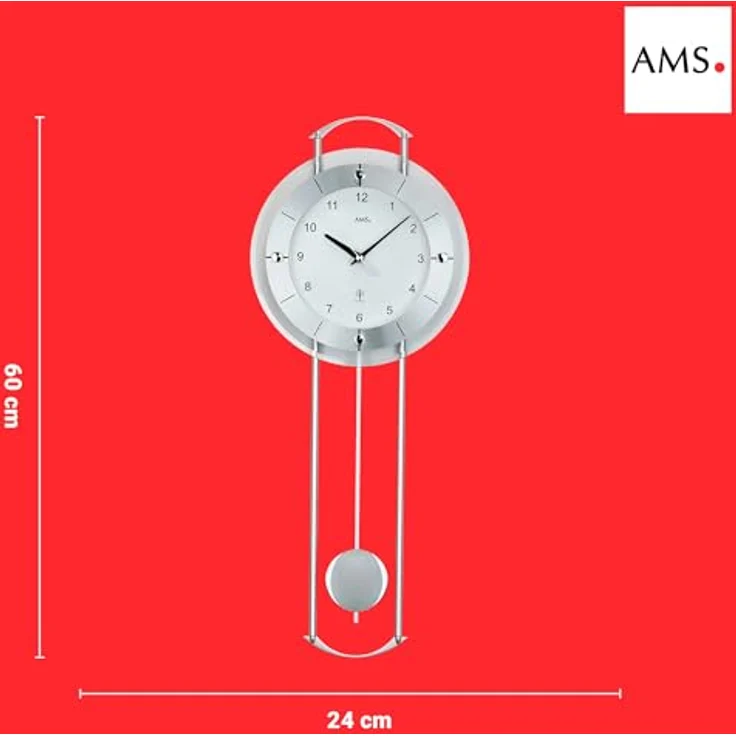 AMS. Pendelwanduhr 5254, Funk, mit silberlackierten Metallstäben, Aluminiumfrontreif und Mineralglas, arabische Ziffern – Bild 3