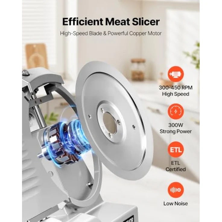 VEVOR Fleischschneidemaschine SY-220JA, 300 W, elektrischer Allesschneider mit 0-12 mm Schnittdicke, 300-450 U/min, Edelstahl-Schale und Messerschärfer – Bild 2