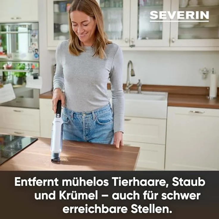 SEVERIN Akku Handstaubsauger, leiser Tierhaar Staubsauger mit Möbelaufsatz für Möbel und Tastaturen, kabelloser Handstaubsauger mit Akku für bis zu 30 Minuten Laufzeit, weiß/schwarz matt, HV 7140 – Bild 3