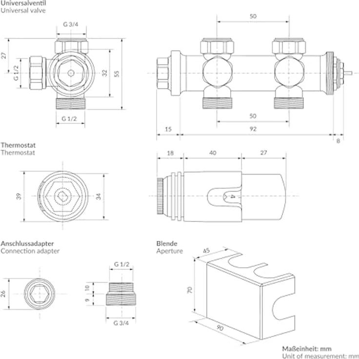 LuxeBath Ventil-Armaturen Set Multiblock Weiß, Universal Eck- und Durchgangsform mit Thermostatkopf für Badheizkörper, 50mm Mittelanschluss – Bild 3
