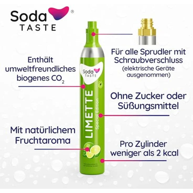 SodaTASTE Sparpaket: Mysoda Woody - Wassersprudler aus erneuerbarem Holzkomposit mit 1L BPA-freier Plastikflasche, CO2-Zylinder Classic + CO2-Zylinder Limette (Weiß) – Bild 4