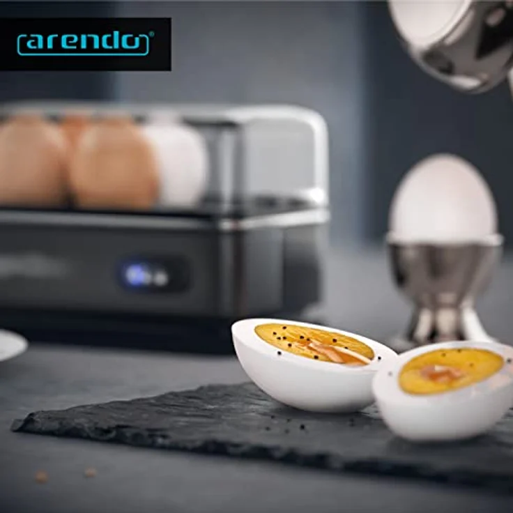 Arendo Eierkocher Sixcook Edelstahl mit Warmhaltefunktion - Kipp-Funktionsschalter mit Indikationsleuchte - frei wählbarer Härtegrad - rostfreier gebürsteter Edelstahl - BPA-frei - in Cool Grey – Bild 4