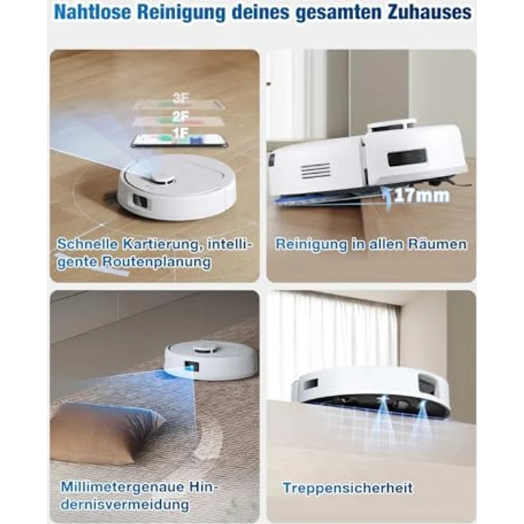 ECOVACS DEEBOT MINI Saugroboter mit Wischfunktion, 9.000 Pa Saugkraft, ZeroTangle 2.0, TrueMapping 2.0, 45 ℃ Heißlufttrocknung, intelligente Tiefenreinigung, Selbstreinigung, Blau – Bild 5