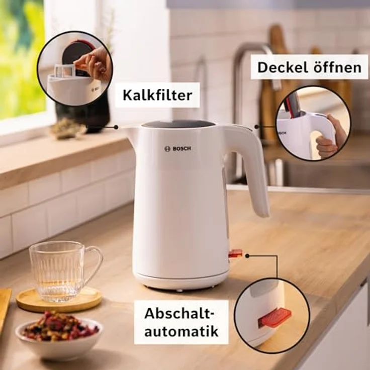 Bosch kabelloser Wasserkocher My Moment TWK2M161, Abschaltautomatik, Überhitzungsschutz, Tassenanzeige, entnehmbarer Kalkfilter, Trockengehschutz, Dampfstopp-Automatik, 1,7 L, 2400 W, Weiß matt – Bild 3