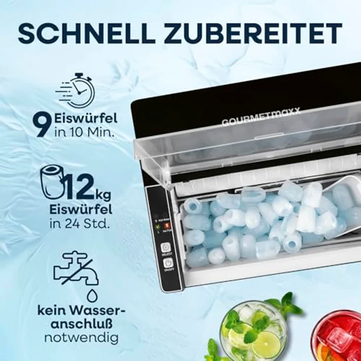 GOURMETmaxx Eiswürfelmaschine, 150W, inkl. Auffangbehälter & Eisschaufel, 2 Eiswürfelgrößen, 12 kg Eis/24h, kompaktes Design – Bild 2
