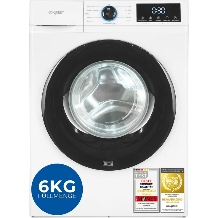Exquisit WA6312-371A Waschmaschine, 6 kg, 1200 U/min, kompakt, Energieeffizienzklasse A, weiß, mit automatischer Waschmittel-Dosierung und Kindersicherung
