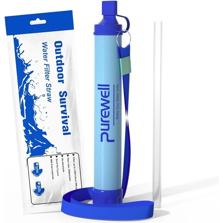 Purewell Trinkwasserfilter 0,01 μm Ultrafeinfilter, 99,99% Bakterien & Schwermetalle, 1500 Liter Kapazität, Tragbar mit Lanyard für Outdoor-Aktivitäten