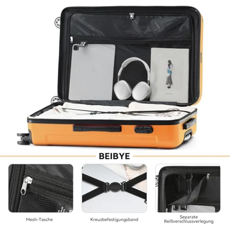 BEIBYE 2045 Zwillingsrollen Reisekoffer Kofferset, 3-teilig, Hartschale, ergonomischer Teleskopgriff, sicheres Zahlenschloss, 4 Zwillingsrollen, leichtes ABS-Material, orange – Bild 5