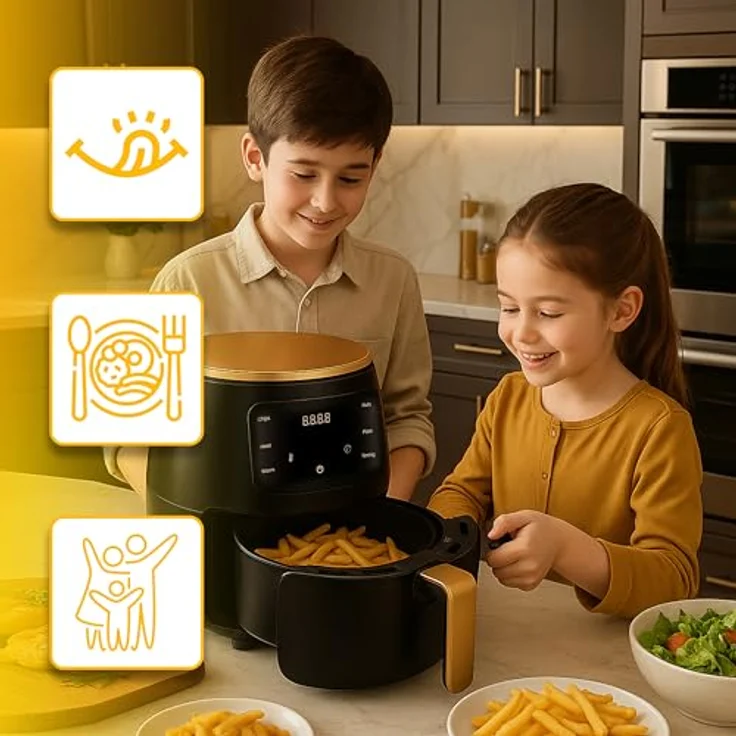 Retoo Heißluftfritteuse 6L Airfryer 2400W, 6 Programme, leise, Schwarz und Gold, LCD Display, LED Touchscreen – Bild 3