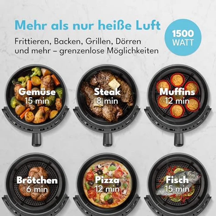 LEBENLANG Heißluftfritteuse 5L, 1500W, ölfreie Friteuse mit Rezeptbuch, 8 Programme, Schwarz – Bild 3