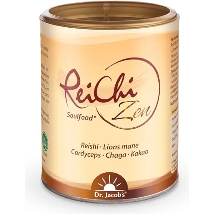 ReiChi Zen Dr.Jacob's Pulver, 150 g, veganer Pilzmix mit Reishi, Chaga, Cordyceps, Lions Mane, Guarana & Kakao ohne Zusatzstoffe & Zucker
