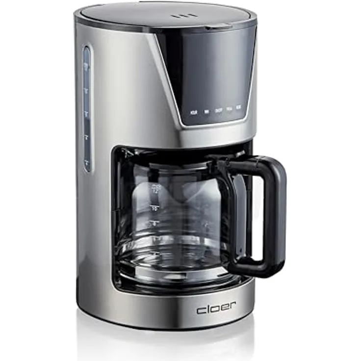 Cloer 5257 Filterkaffeemaschine für 12 Tassen, Warmhaltefunktion, Glaskanne, Aromastufen wählbar, LCD-Touch-Display, Timer, Edelstahl