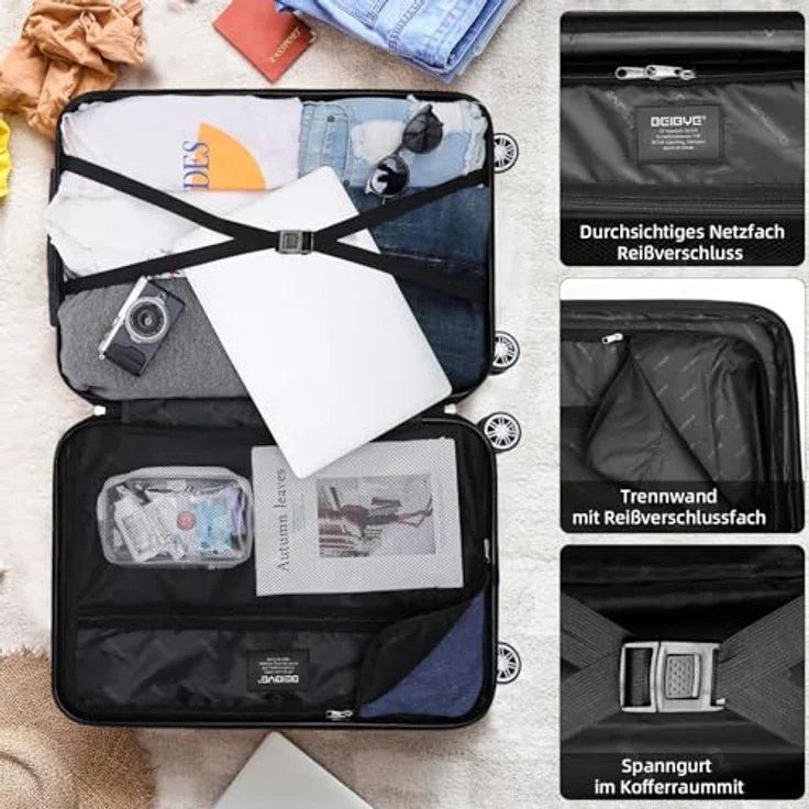 BEIBYE 3er Kofferset Hartschalen-Koffer, Trolley Rollkoffer Set in Weiss, erweiterbar mit 25% mehr Volumen, mit vier Zwillingsrollen und Innenorganisation – Bild 5