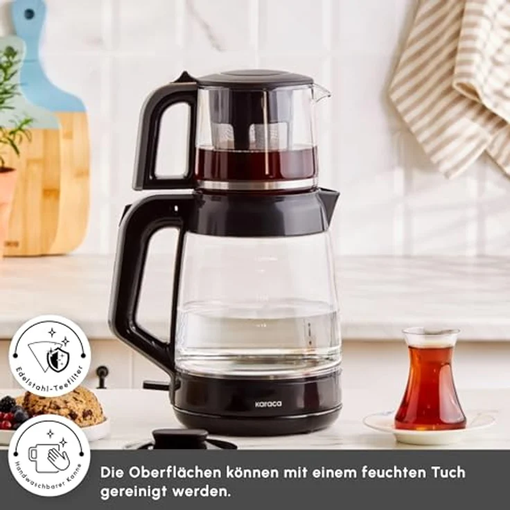 Karaca Glass Tea XL 2 in 1 Glas-Teemaschine & Wasserkocher Shiny Black, 0,9L Teekapazität, 2,2L Wasserkapazität, energieeffizient, automatische Warmhaltefunktion, LED-Anzeige – Bild 3