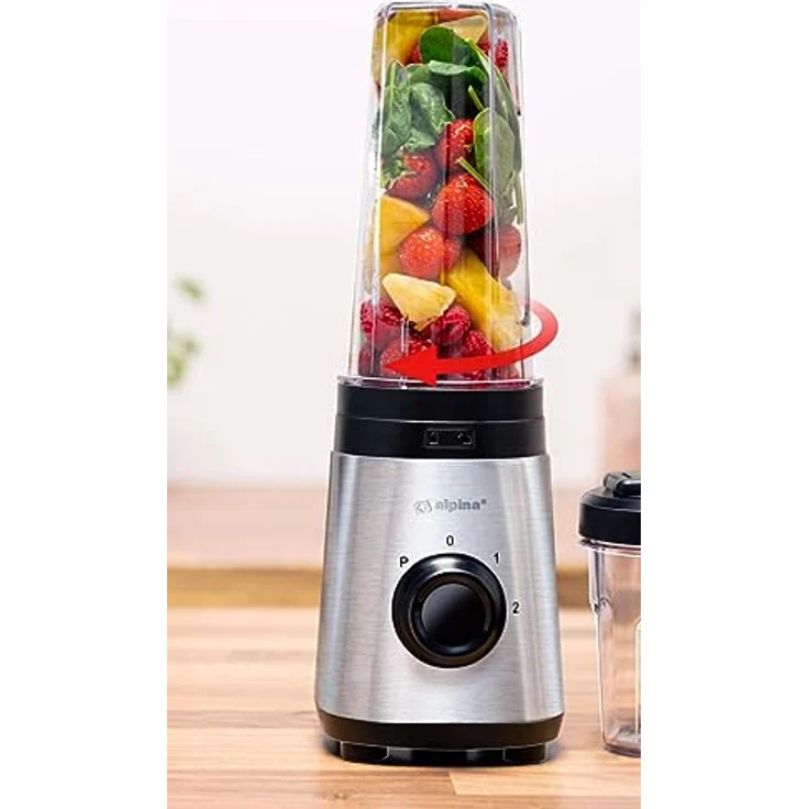 alpina Smoothie Maker Mixer 300W, Standmixer mit 2 Geschwindigkeiten, Pulsfunktion und 300ml/600ml Bechern, Edelstahl, Silber/Schwarz – Bild 2
