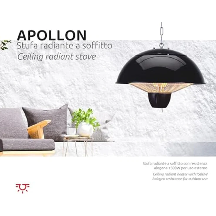 Melchioni Family Apollon Deckenheizstrahler für den Außenbereich, 1500 W Halogenwiderstand, IP34, Aluminium, Stahl, schwarz – Bild 2