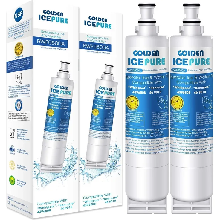GOLDEN ICEPURE Kühlschrank Wasserfilter 2 Stück, kompatibel mit Whirlpool 4396508, Maytag, KitchenAid, SBS002, S20BRS, Premium Filtermaterial mit innovativer Mehrschicht-Filtertechnologie