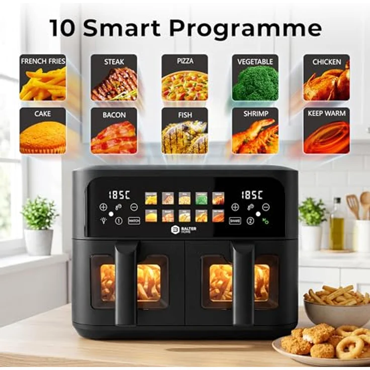 Balter Heißluftfritteuse HL-901, 2 Kammern mit Sichtfenster, 9L (2x4,5L), 2400W, 10 Programme, Dual Zone & Sync Finish, Rezeptheft – Bild 9