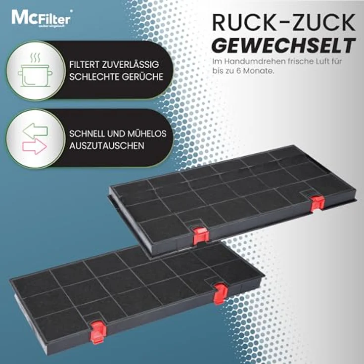 McFilter | 3x Aktivkohlefilter Dunstabzugshaube kompatibel mit Kohlefilter AEG 902979366-9, Bauknecht DKF24, Zanussi KLF60/80 Typ150, Siemens LZ33900, Neff Z5147X0 - Filter für Abzugshaube, 435 mm x 215 mm, rote Befestigungsclips – Bild 4