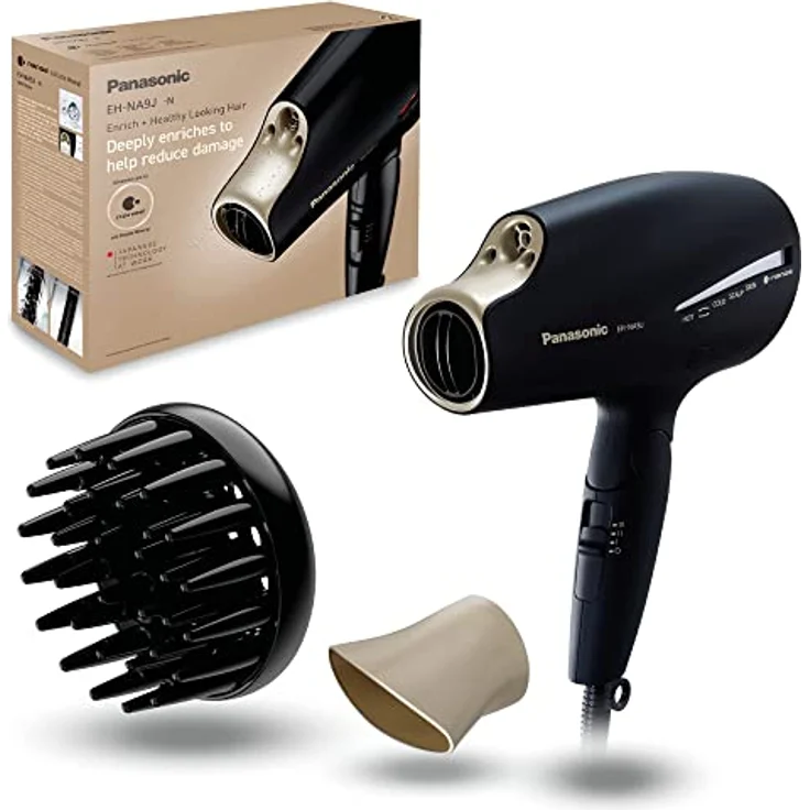 Panasonic EH-NA9J Haartrockner Nanoe Technologie (4 Modi für Haare, Gesicht und Kopfhaut, 2 Temperatureinstellungen, 2 Aufsätze) schwarz, Champagner-gold – Bild 1