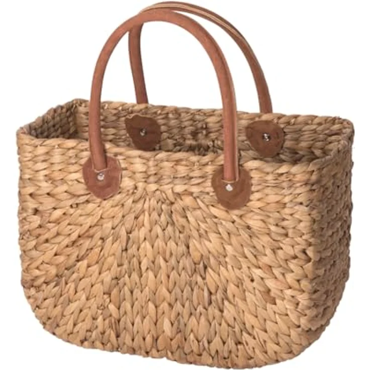 Neustanlo Einkaufstasche "Taluma" klein, Einkaufskorb aus Wasserhyazinthe, 39x16x26 cm, Echtlederhenkel, stabil und geräumig