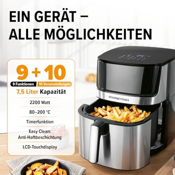 GOURMETmaxx 4in1-digitale Heißluftfritteuse | Leistungsstarker Airfryer 2200 W | Fettarmes + energiesparendes Frittieren mit Touchdisplay & Timerfunktion - 7,5l | inkl. 10 Programme – Bild 2