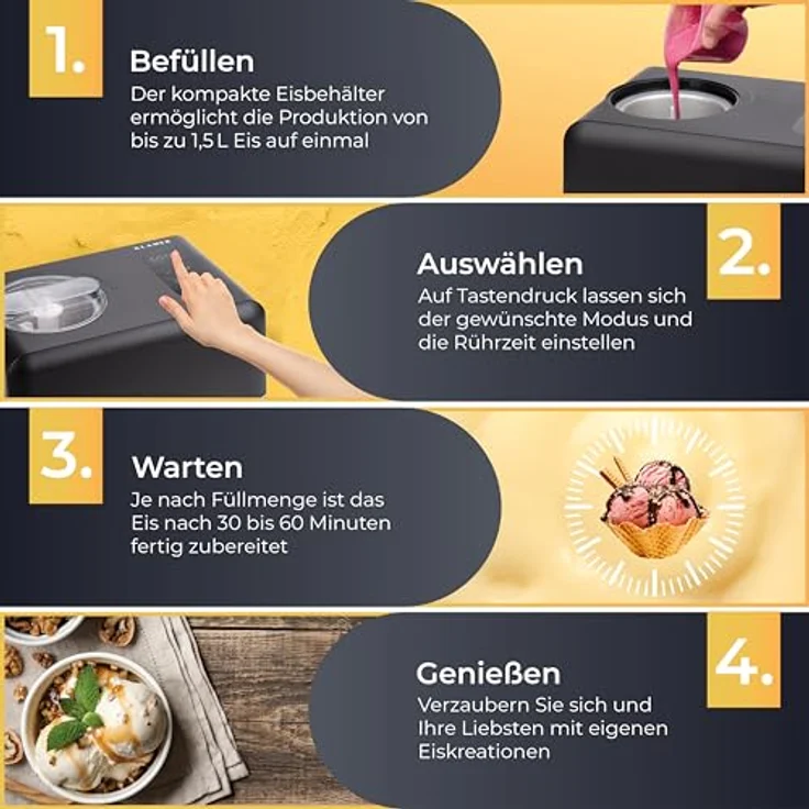 KLAMER 3-in-1 Eismaschine, Slush Maschine & Joghurtbereiter, 1,5 L, 150 W Edelstahl mit Kühl- & Heizfunktion, selbstkühlender Kompressor für Sorbet, Slush und Frozen Yoghurt – Bild 5